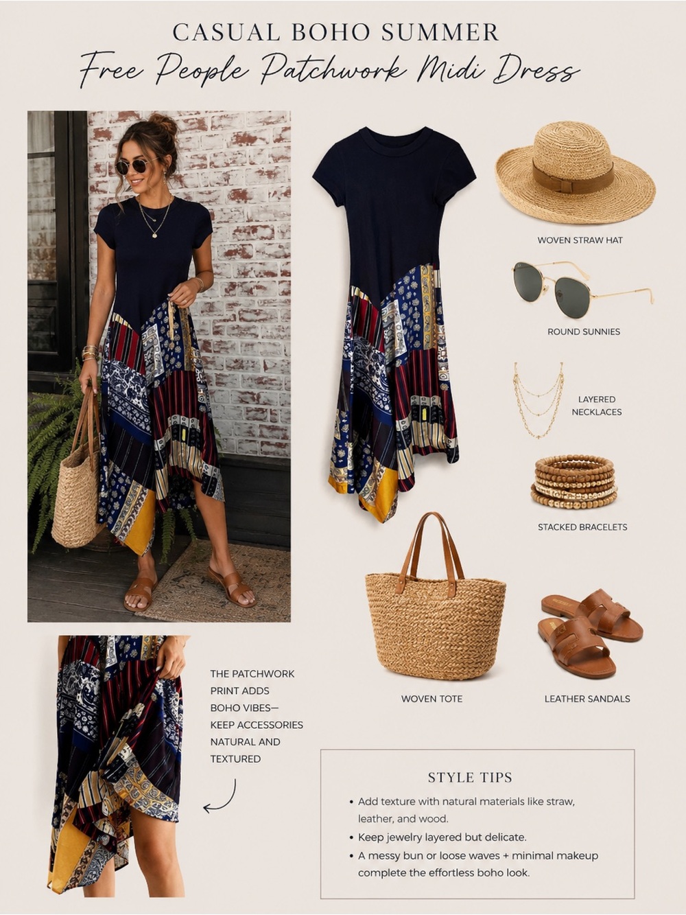 Free People Tried and True Midi Dress Navy, Red, Gold Patchwork Hem SOLD OUT